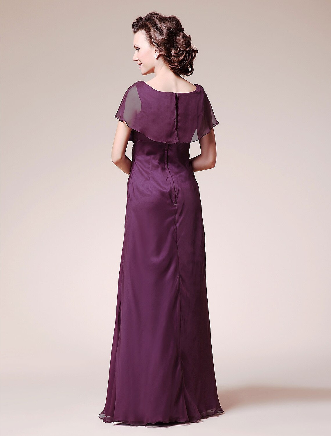 Abito da madre della sposa a trapezio, elegante, con scollo a V, lunghezza al pavimento, in chiffon, maniche corte, senza volant e fiori